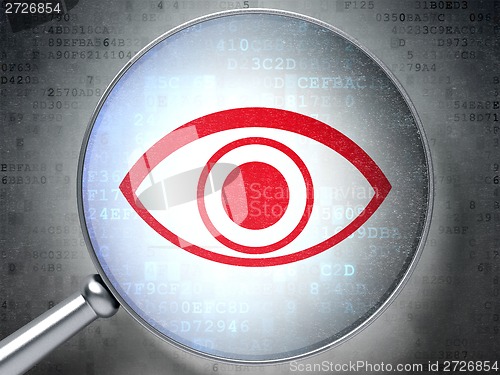 Image of Security concept: Eye with optical glass on digital background