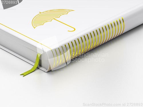 Image of Protection concept: closed book, Umbrella on white background