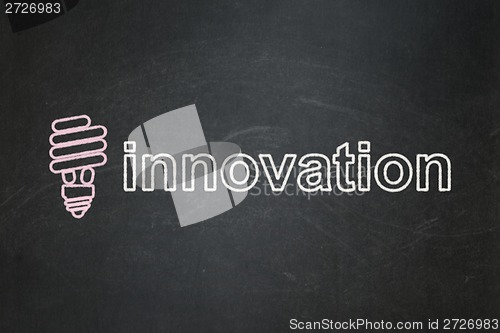 Image of Finance concept: Energy Saving Lamp and Innovation on chalkboard background