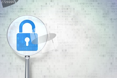 Image of Data concept:  Closed Padlock with optical glass on digital background