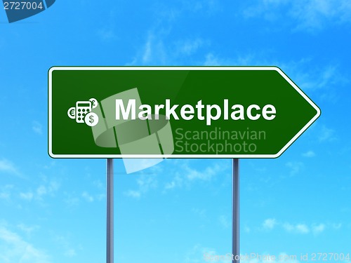 Image of Marketing concept: Marketplace and Calculator on road sign background