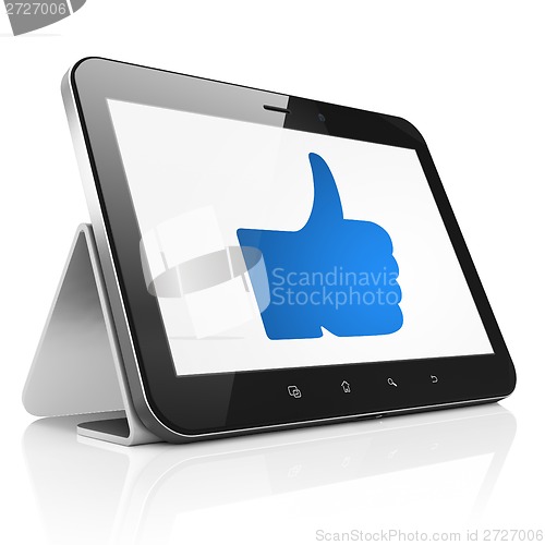 Image of Social network concept: Thumb Up on tablet pc computer