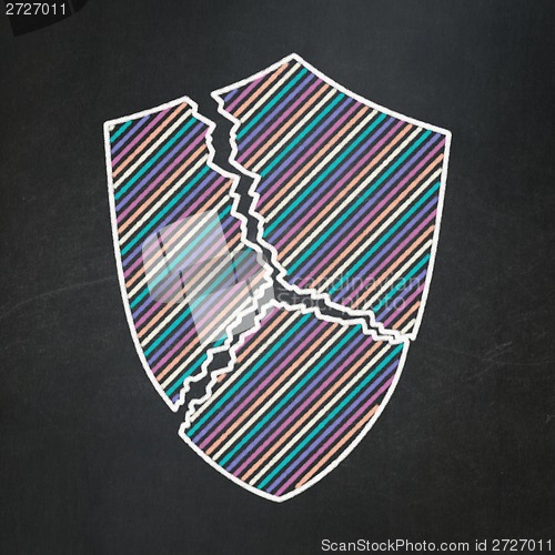 Image of Security concept: Broken Shield on chalkboard background