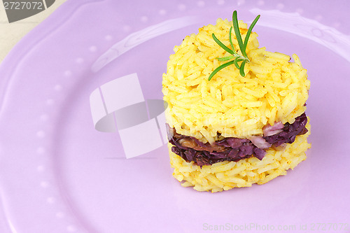 Image of Heart shaped saffron rice with trevisano chicory