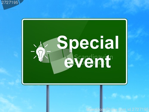 Image of Finance concept: Special Event and Light Bulb on road sign background