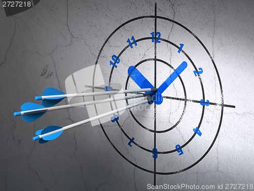 Image of Timeline concept: arrows in Clock target on wall background