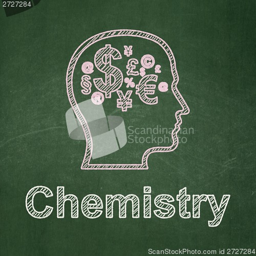 Image of Education concept: Head With Finance Symbol and Chemistry on chalkboard background