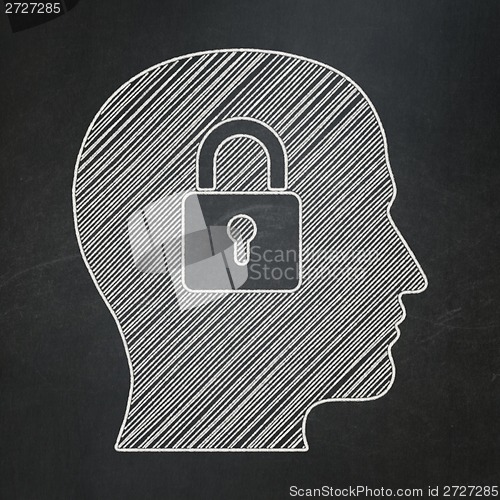 Image of Information concept: Head With Padlock on chalkboard background