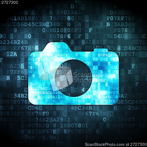 Image of Travel concept: Photo Camera on digital background
