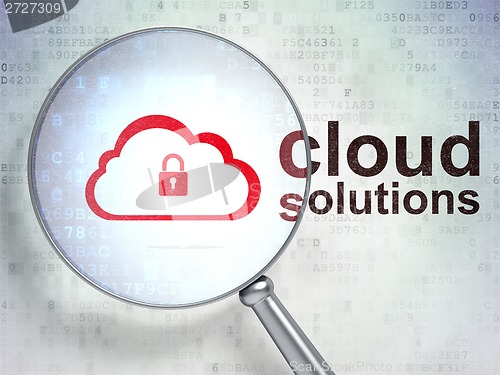 Image of Cloud technology concept: Cloud With Padlock and Cloud Solutions with optical glass