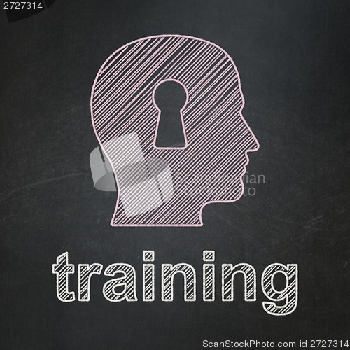 Image of Education concept: Head With Keyhole and Training on chalkboard background