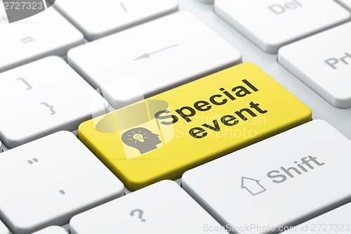 Image of Finance concept: Head With Light Bulb and Special Event on computer keyboard background