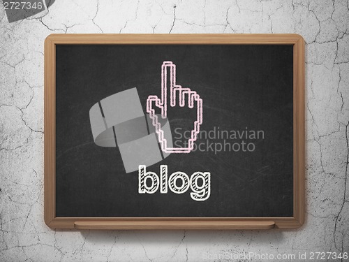 Image of Web design concept: Mouse Cursor and Blog on chalkboard background