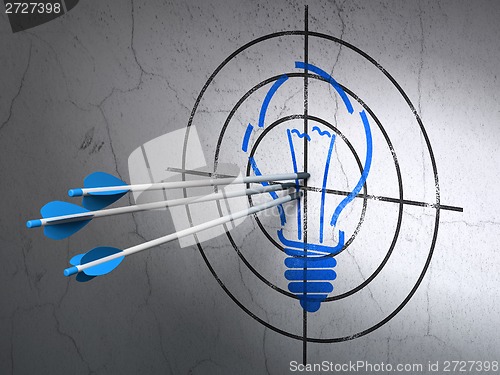 Image of Business concept: arrows in Light Bulb target on wall background