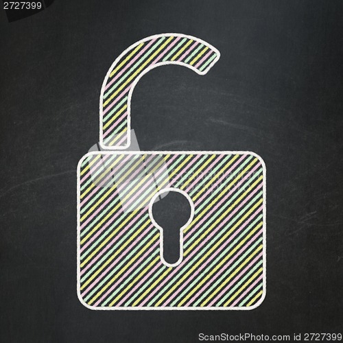 Image of Information concept: Opened Padlock on chalkboard background