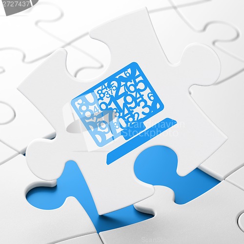 Image of Education concept: Computer Pc on puzzle background