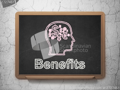 Image of Finance concept: Head With Finance Symbol and Benefits on chalkboard background