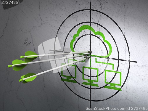 Image of Cloud technology concept: arrows in Network target on wall background