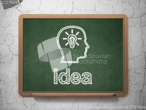 Image of Advertising concept: Head With Lightbulb and Idea on chalkboard background