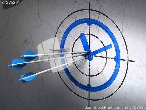 Image of Timeline concept: arrows in Clock target on wall background