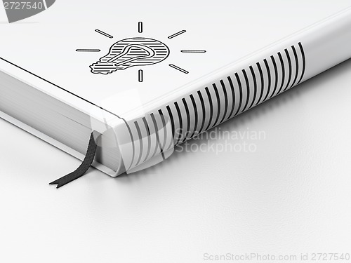 Image of Business concept: closed book, Light Bulb on white background