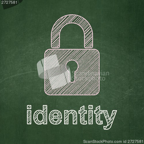 Image of Protection concept: Closed Padlock and Identity on chalkboard background