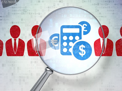 Image of Finance concept: Business Man And Calculator with optical glass on digital background