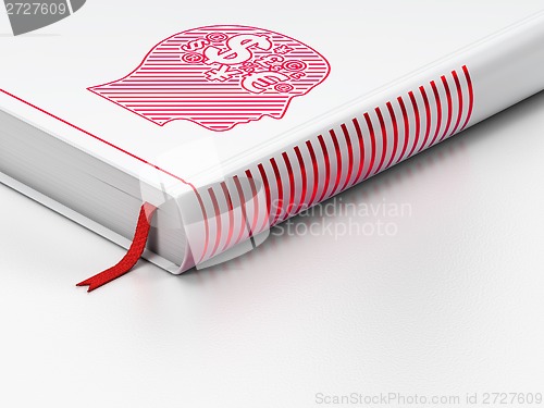 Image of Advertising concept: closed book, Head With Finance Symbol on white background