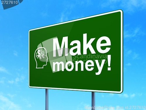 Image of Finance concept: Make Money! and Head With Finance Symbol on road sign background