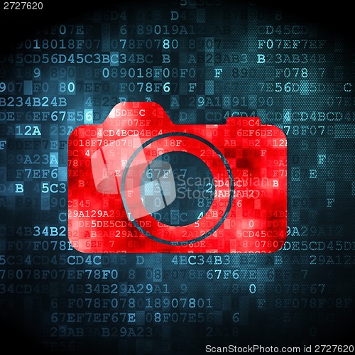 Image of Vacation concept: Photo Camera on digital background
