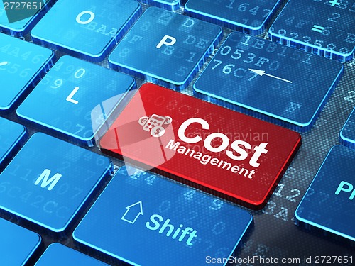 Image of Business concept: Calculator and Cost Management on computer keyboard background