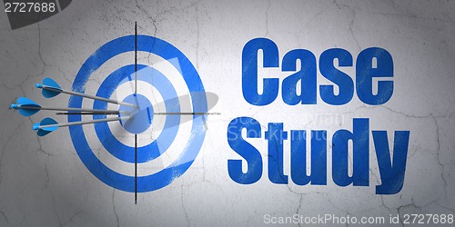 Image of Education concept: target and Case Study on wall background