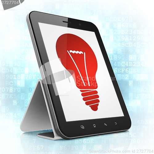 Image of Finance concept: Light Bulb on tablet pc computer