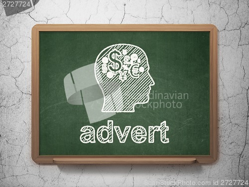 Image of Marketing concept: Head With Finance Symbol and Advert on chalkboard