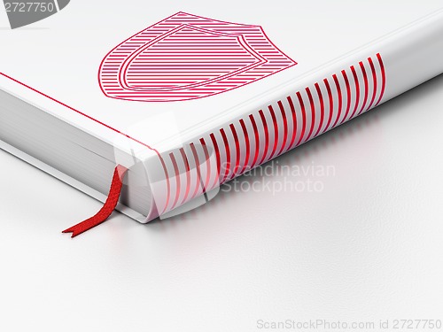 Image of Protection concept: closed book, Shield on white background