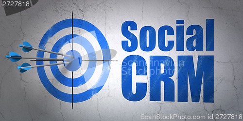 Image of Finance concept: target and Social CRM on wall background