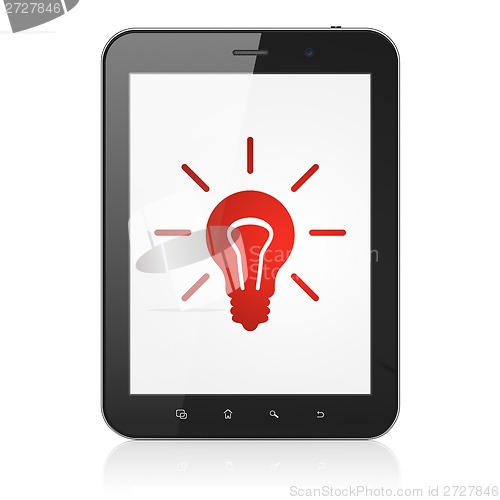 Image of Finance concept: Light Bulb on tablet pc computer