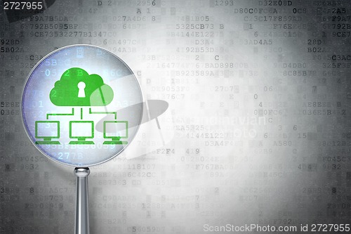 Image of Protection concept:  Cloud Network with optical glass on digital background