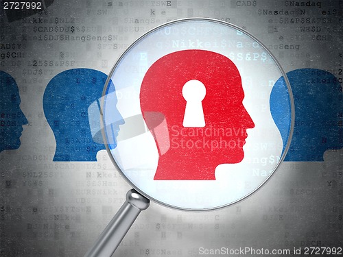 Image of Business concept: Head With Keyhole with optical glass on digital background