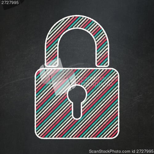 Image of Data concept: Closed Padlock on chalkboard background