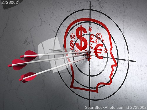 Image of Education concept: arrows in Head With Finance Symbol target on wall background