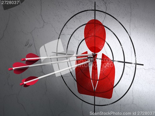 Image of News concept: arrows in Business Man target on wall background