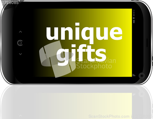 Image of digital smartphone with unique gifts words, holiday concept