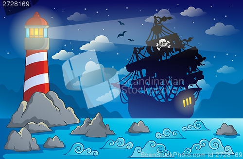 Image of Pirate ship silhouette near coast 1