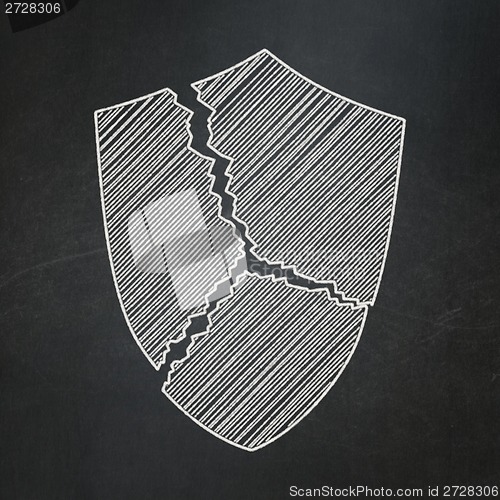 Image of Privacy concept: Broken Shield on chalkboard background