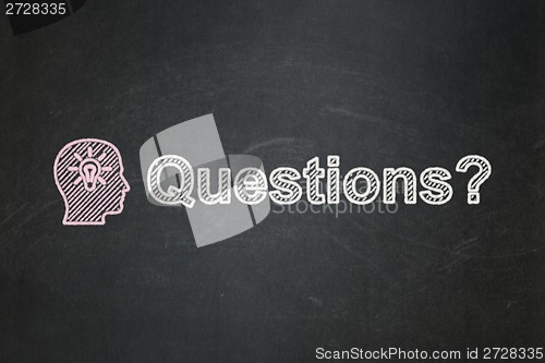 Image of Education concept: Head With Light Bulb and Questions? on chalkboard