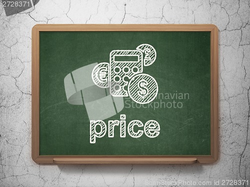 Image of Marketing concept: Calculator and Price on chalkboard background