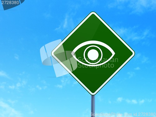 Image of Protection concept: Eye on road sign background