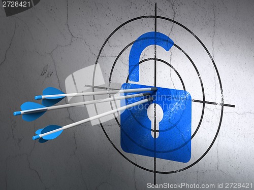Image of Security concept: arrows in Opened Padlock target on wall background