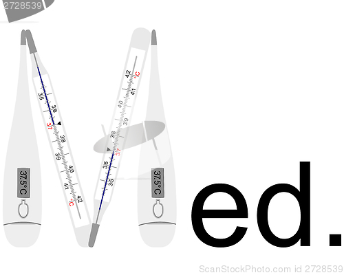 Image of analog and digital clinical thermometers as letter M